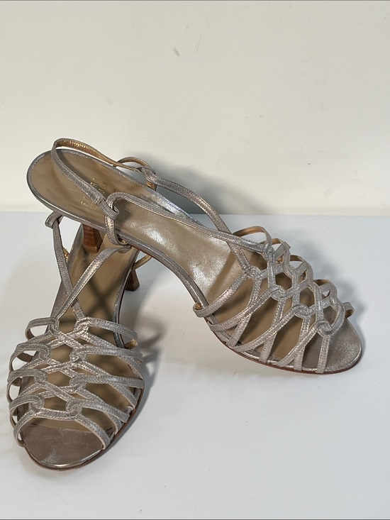 Stuart Weitzman Shoes - STUART WEITZMAN Evening Event Silver Metallic Strappy Stacked Heel Sandals SZ 9M